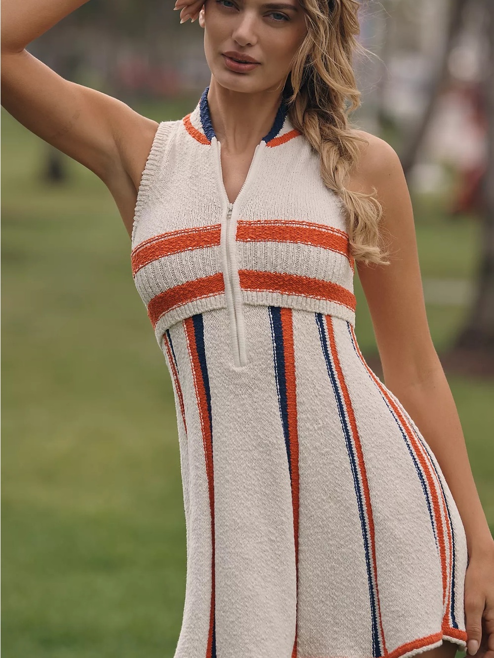 Sleeveless Cream Mini Dress with Orange and Navy Stripes
